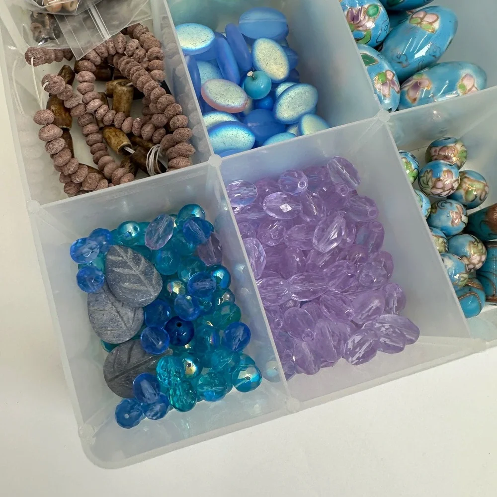 Large Blue Glass Bead Lot Jewelry Making Supplies Cloisonne Cat Eye Organizer